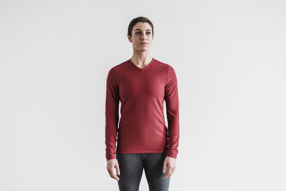 NOBULL V-Neck Waffle Uzun Kollu Bayan - Bordo - Turkiye (MAC-610578)